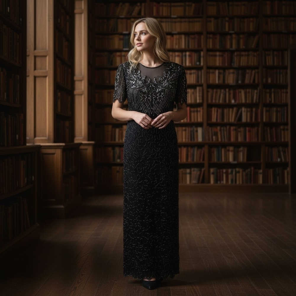 Long Vintage Scala Navy Blue Hand Embellished Dress with Blue Beads & Sequins |